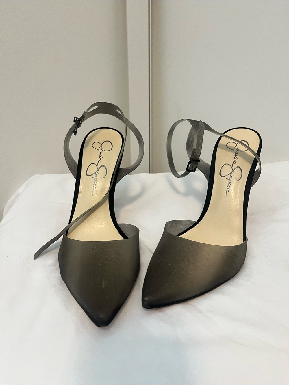Jessica Simpson Metallic Gray Pointed Toe Ankle Strap Heels